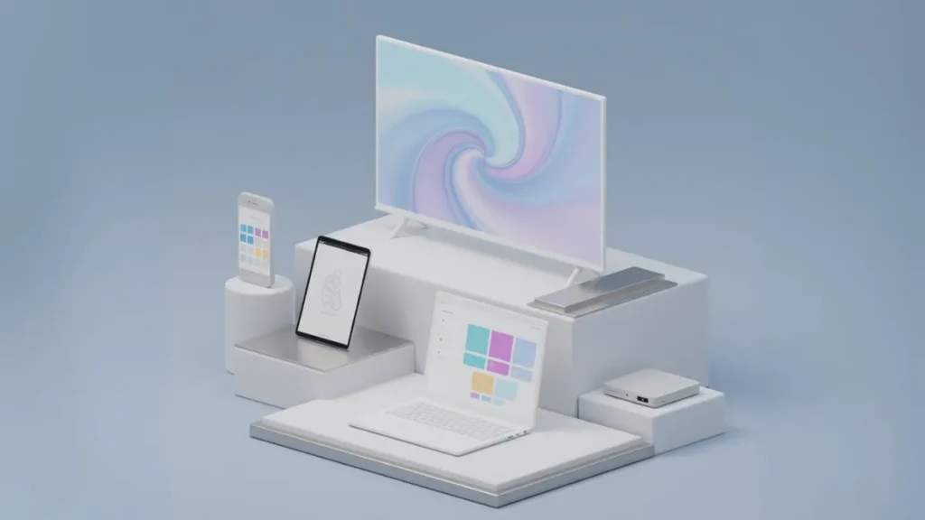 Composition moderne d'appareils compatibles IPTV sur des plateformes géométriques : Smart TV, smartphone, tablette, ordinateur portable et boîtier IPTV.