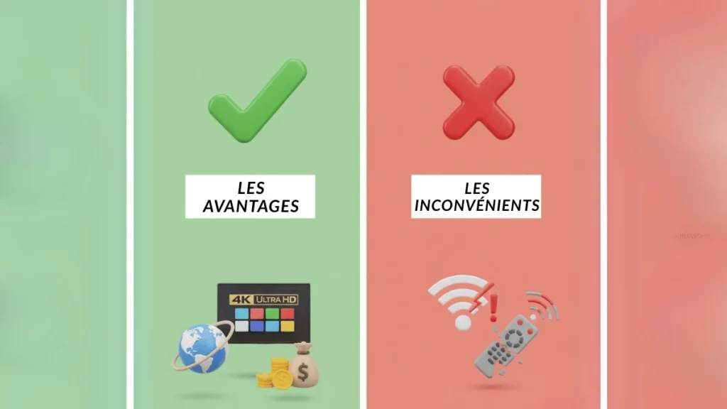 Infographie simple comparant les avantages (économies, qualité, variété) et les inconvénients (dépendance internet, instabilité) de l'IPTV.