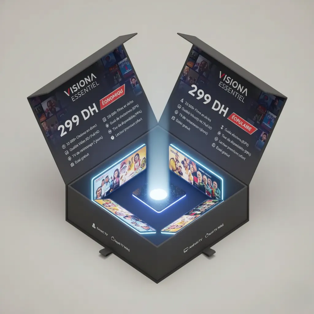 Image de la boîte du Forfait Essentiel de Visiona.ma, représentant un **abonnement IPTV pas cher** mais fiable, idéal pour débuter au Maroc.
