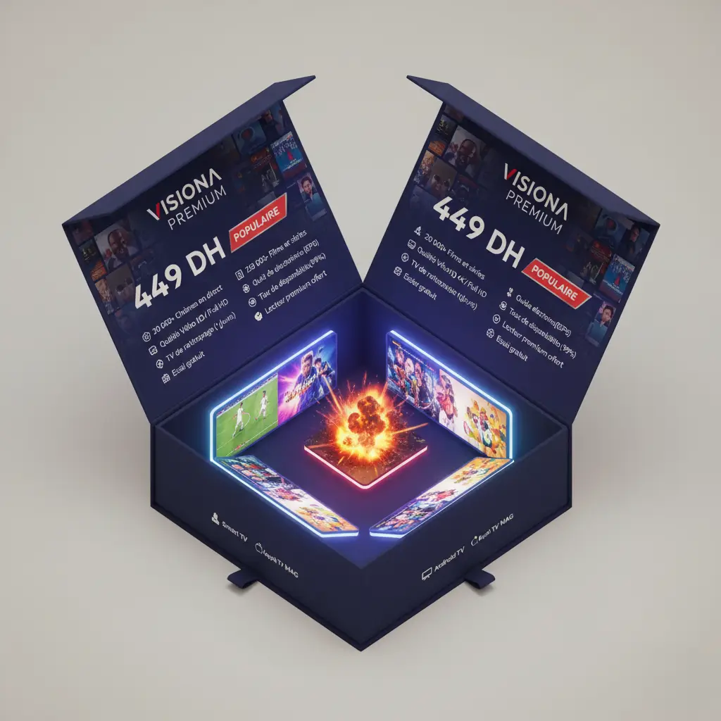 Boîte du Forfait Premium, le meilleur **abonnement IPTV premium** au Maroc.
