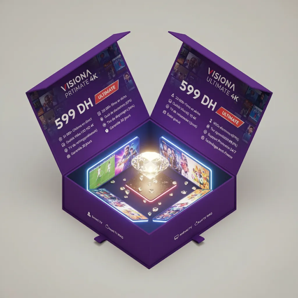 Boîte du Forfait Ultimate 4K de Visiona.ma, le meilleur abonnement IPTV au Maroc, avec son design luxueux, une Mase flottante, et des écrans affichant du contenu 4K.
