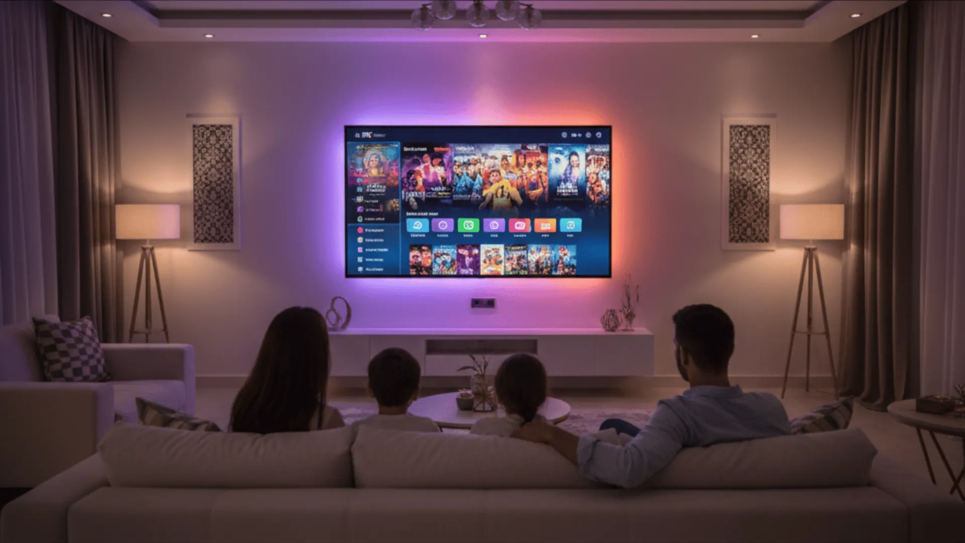 Une famille profitant d'un service IPTV Maroc sur leur Smart TV dans un salon moderne.