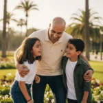 Karim Alaoui, un père de famille de Casablanca, partageant un moment de joie avec ses enfants, représentant l'expérience familiale offerte par l'abonnement IPTV de Visiona.ma.