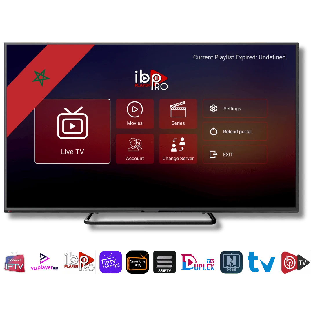 Écran TV affichant l'interface premium d'un abonnement IPTV Maroc proposé par Visiona.ma