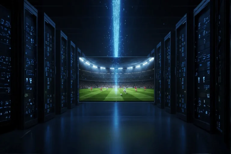 Téléviseur moderne connecté à un centre de données, symbolisant la puissance et la stabilité d'un bon abonnement iptv.
