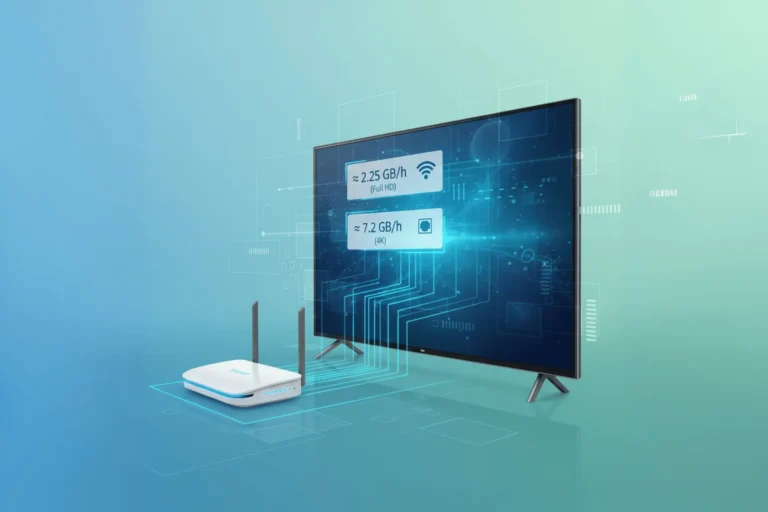 Infographie illustrant la consommation IPTV, montrant un routeur et une TV avec les données de consommation pour Full HD (2.25 Go/h) et 4K (7.2 Go/h).