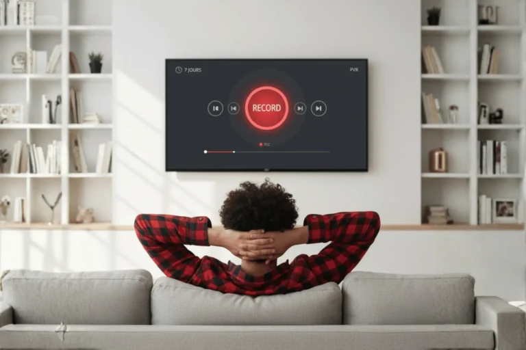 Homme détendu sur son canapé, illustrant comment enregistrer iptv en toute simplicité grâce à une bonne application.