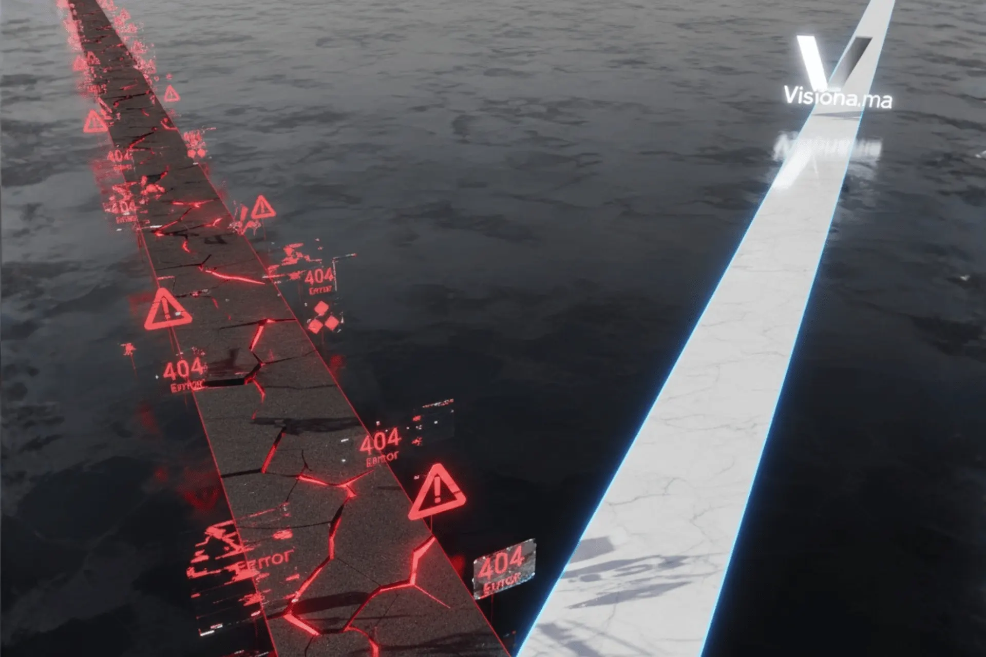 Image symbolique montrant deux chemins pour acheter IPTV : un chemin sombre avec des pièges et un chemin sûr et fiable vers la solution Visiona.ma.