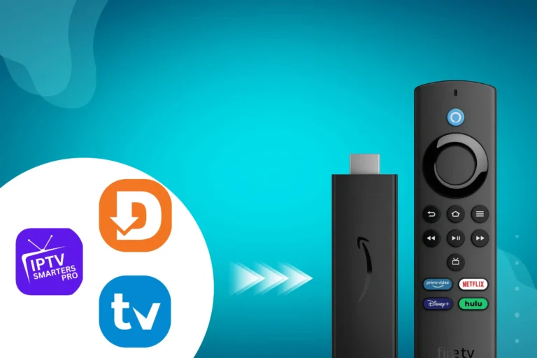 Guide pour installer IPTV Firestick : télécommande avec icônes TiviMate, Smarters et Downloader.