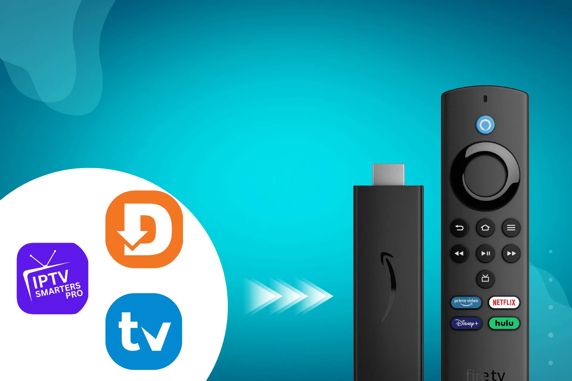 Guide pour installer IPTV Firestick : télécommande avec icônes TiviMate, Smarters et Downloader.