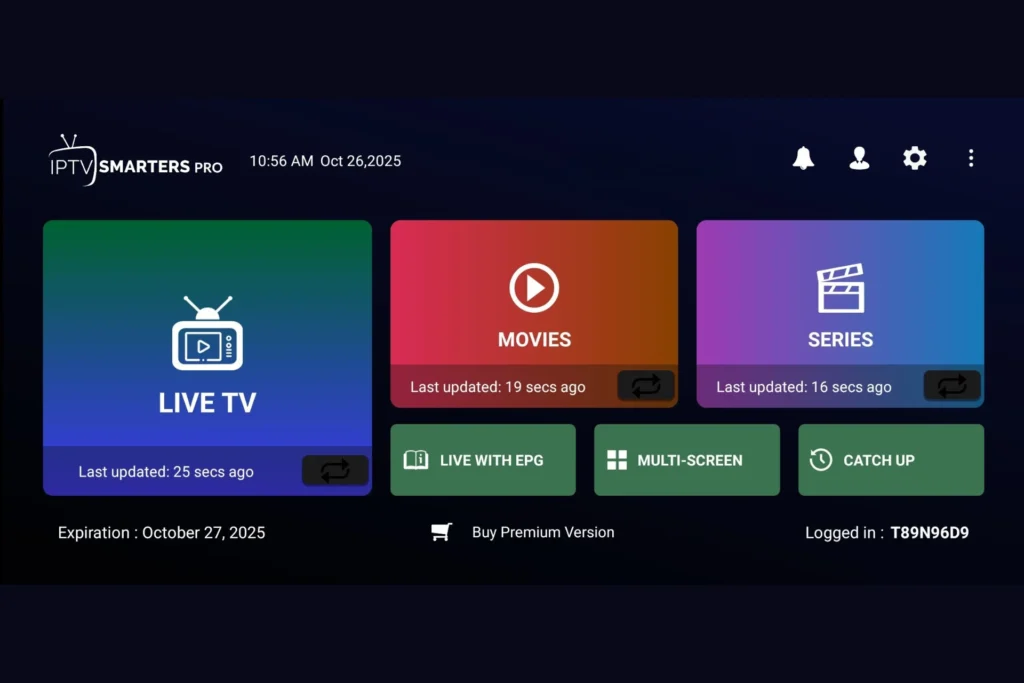 Interface utilisateur de l'application IPTV Smarters Pro après configuration.