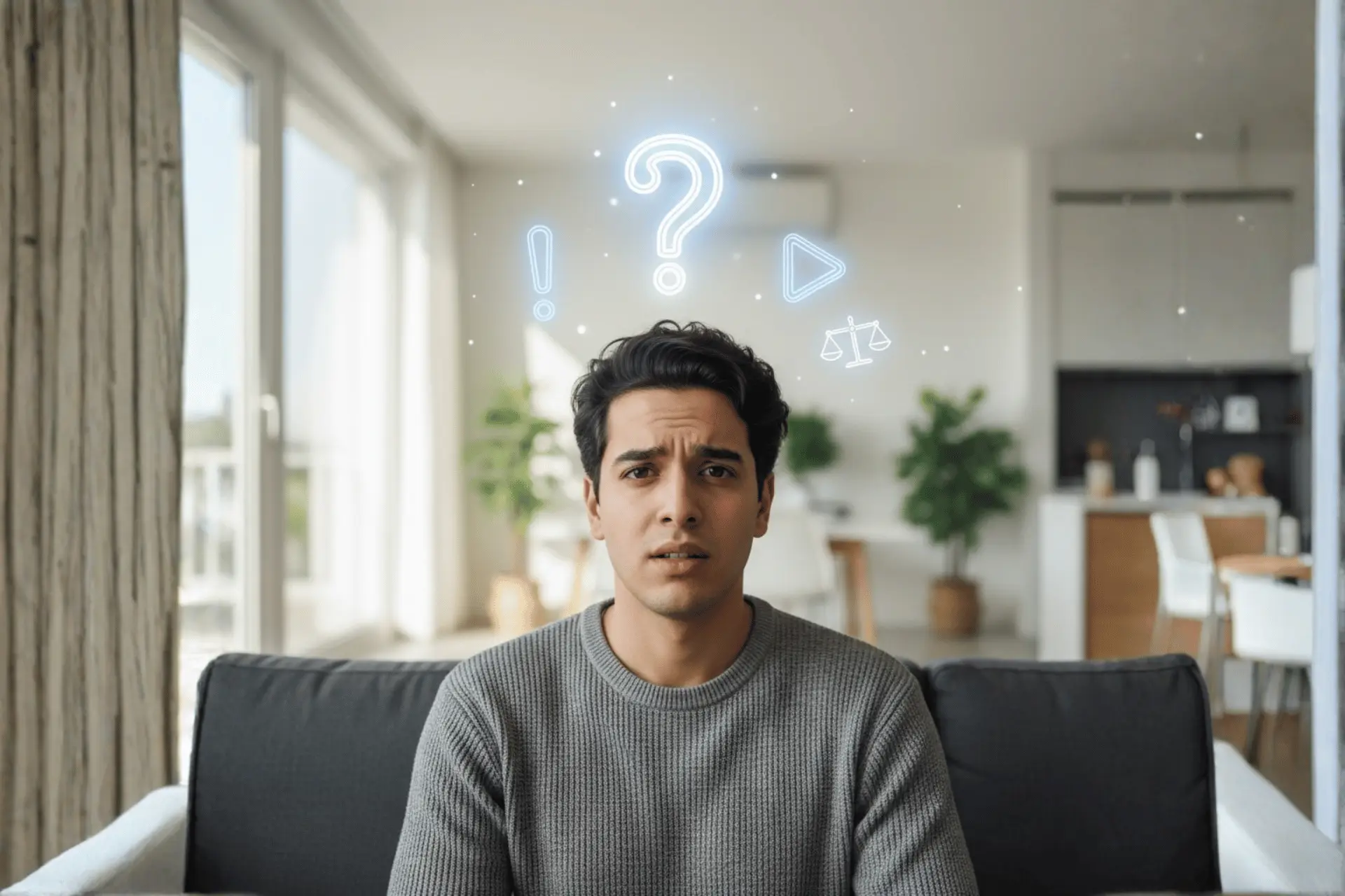 Jeune homme marocain sur son canapé, l'air confus en réfléchissant à la question d'un abonnement IPTV légal au Maroc.