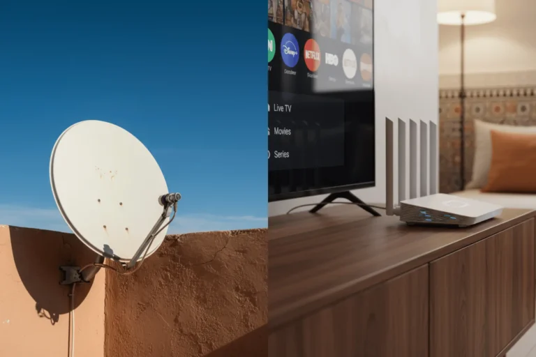 Image de comparaison sur l'IPTV vs satellite maroc, montrant une parabole traditionnelle à gauche et une installation IPTV moderne à droite.