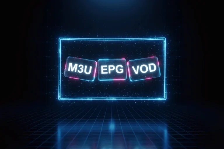 Concept art pour le lexique IPTV : des blocs de cristal M3U IPTV, EPG, et VOD s'assemblent pour former un écran de télévision.