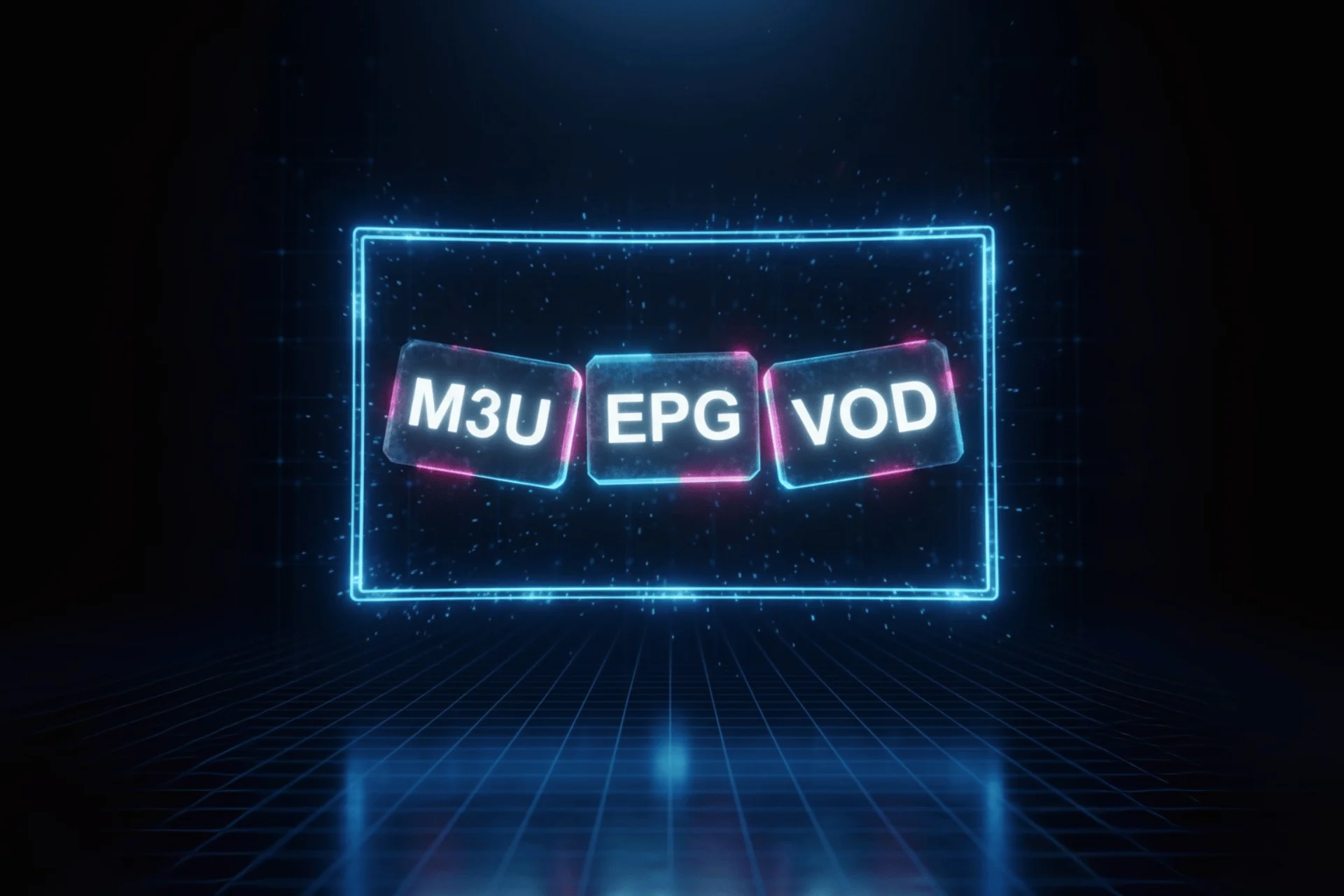 Concept art pour le lexique IPTV : des blocs de cristal M3U IPTV, EPG, et VOD s'assemblent pour former un écran de télévision.