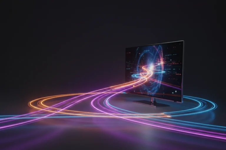 Comparaison du meilleur débit pour IPTV au Maroc, montrant trois faisceaux de lumière orange, violet et bleu se dirigeant vers un téléviseur.