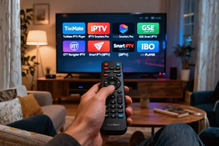 Une main choisissant la meilleure application IPTV parmi plusieurs icônes holographiques.