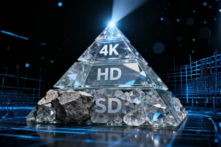 Pyramide en verre symbolisant la qualité d'image de l'IPTV, de la base floue en SD à la pointe brillante en IPTV 4K.