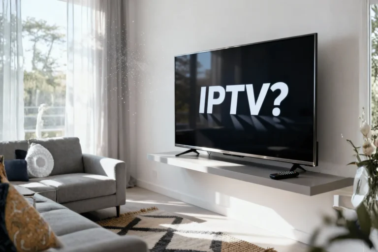 Image d'un écran de télévision affichant le mot "IPTV?" avec des points d'interrogation, symbolisant les questions fréquentes sur l'IPTV au Maroc.