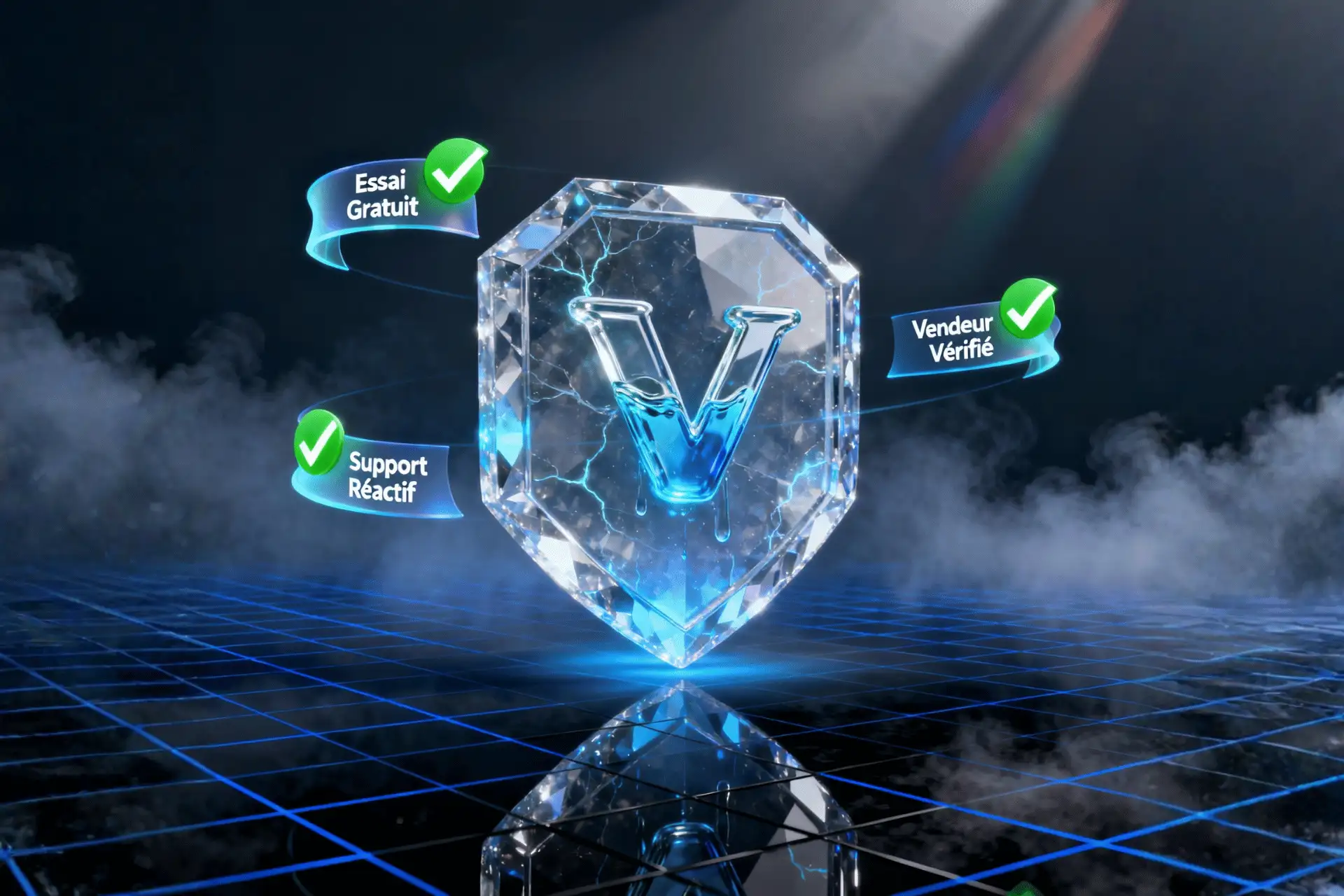 Bouclier de sécurité numérique symbolisant comment choisir un revendeur IPTV fiable, avec des critères comme 'Essai Gratuit' et 'Support Réactif'.