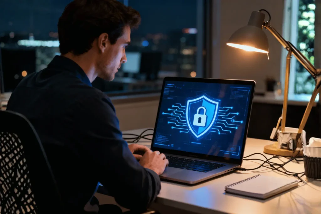 Icône de bouclier bleu symbolisant la sécurité et la légalité de l'utilisation d'une application IPTV.