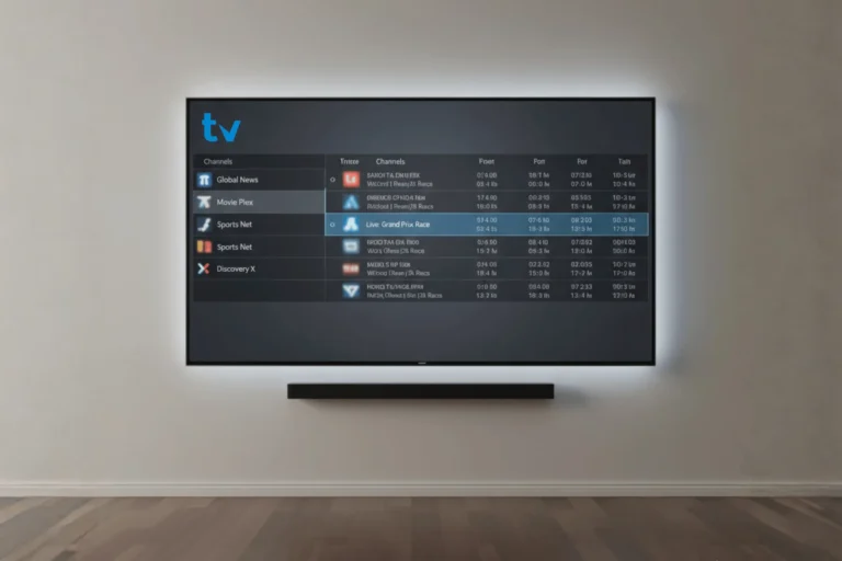 tivimate avis : Interface utilisateur premium affichée sur un écran TV.