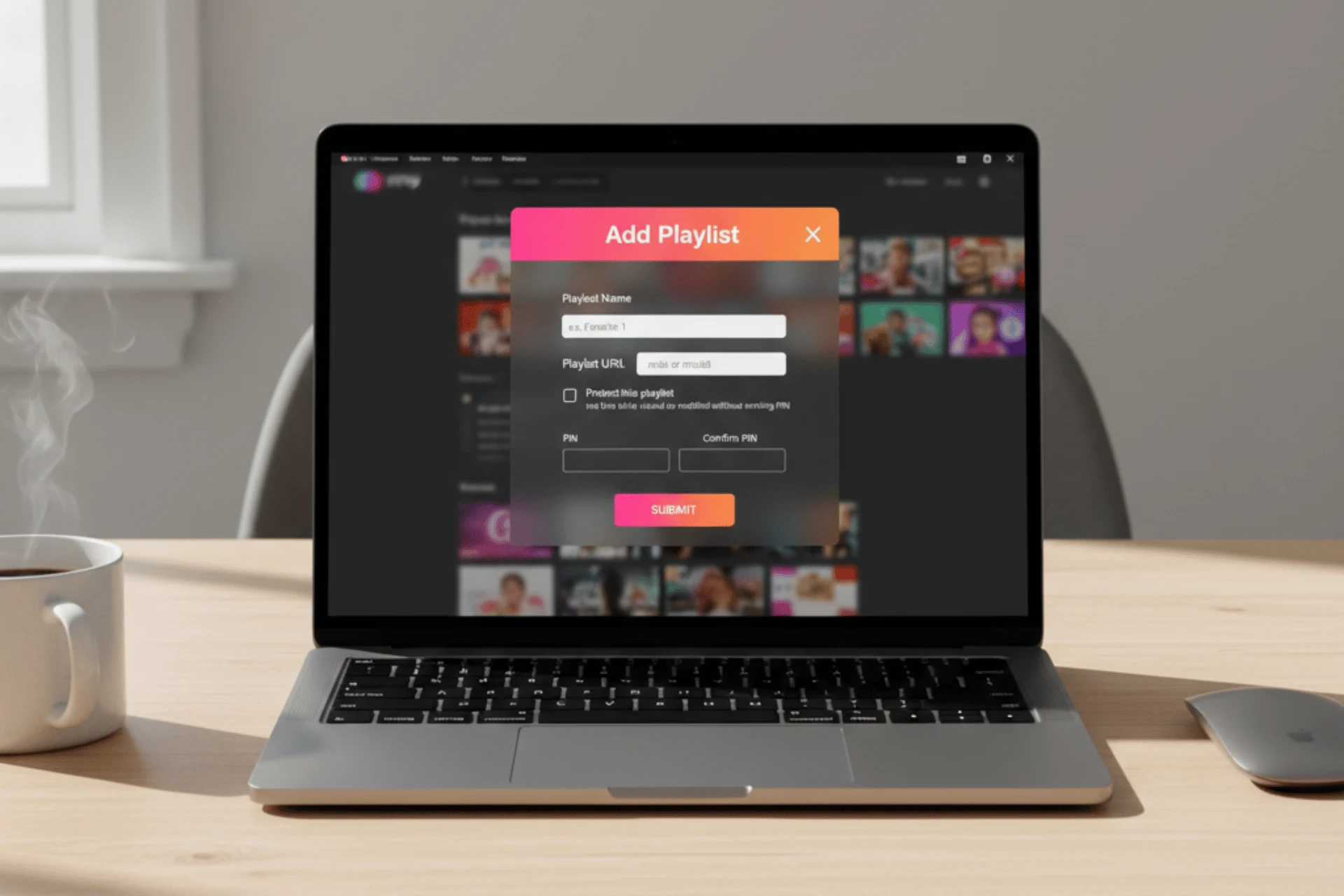 Interface pour ajouter playlist m3u (m3u or m3u8) à une application IPTV sur ordinateur.