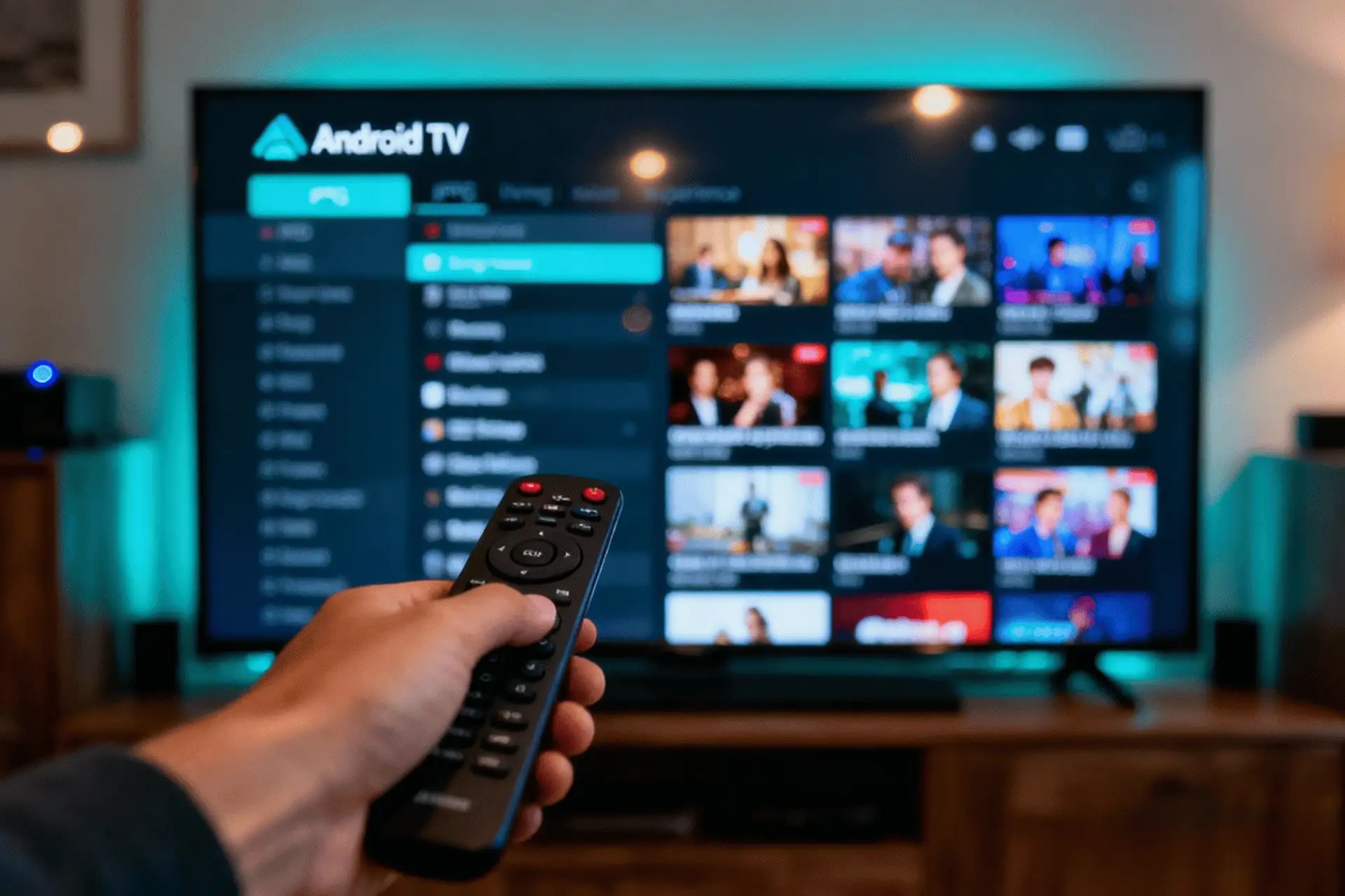 Interface d’un lecteur IPTV sur Android TV avec télécommande, pour le comparatif de la meilleure application iptv android tv.